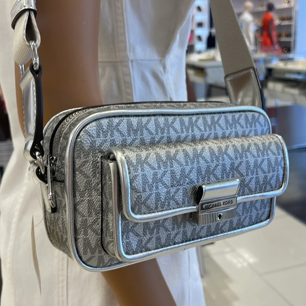 Michael Kors Bradshaw Extra-Small Metallic Signature Logo Camera Crossbody Silv